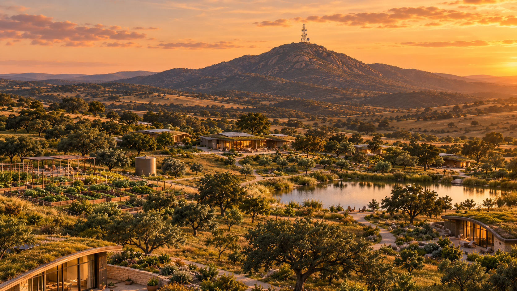 Fooy concept showing homes, gardens, a lake, and Gideon Mountain with a communications tower at sunset